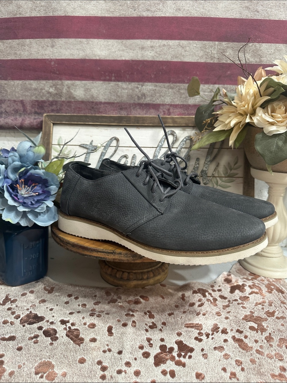 Nwpt Toms Men's Gray Leather Lace-Up Casual Oxfords